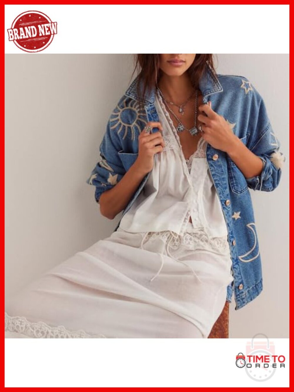 Vintage Oversized Denim Jacket with Embroidered Sun & Moon - Button Down Casual - Picture 3 of 4